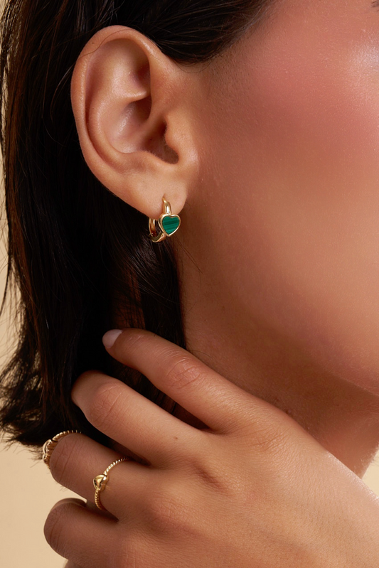 Orecchini a Scattino in Argento 925 Dorato con Cuore di Malachite Naturale