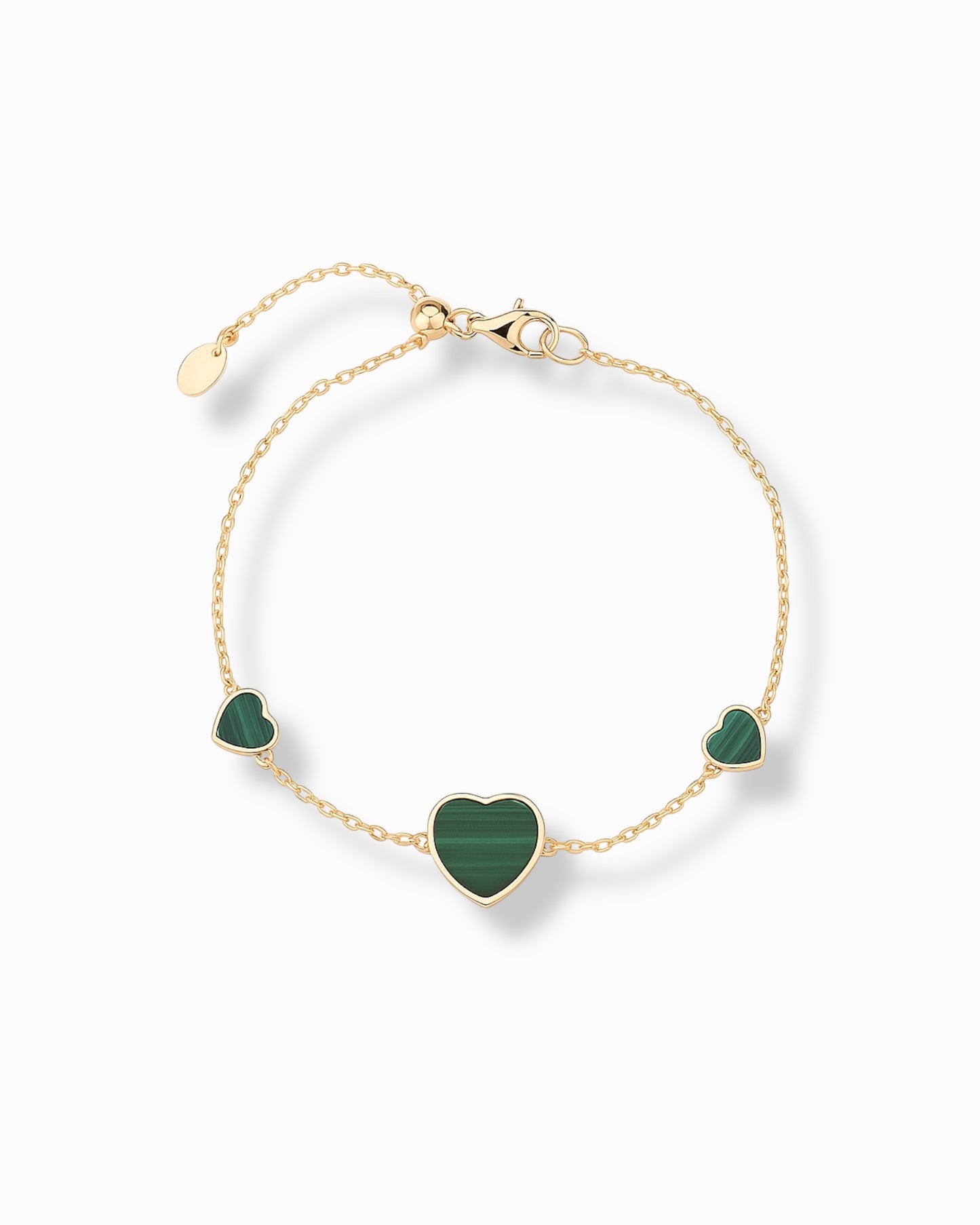 Bracciale “Tris di Cuori” con Malachite Naturale e Finitura Dorata