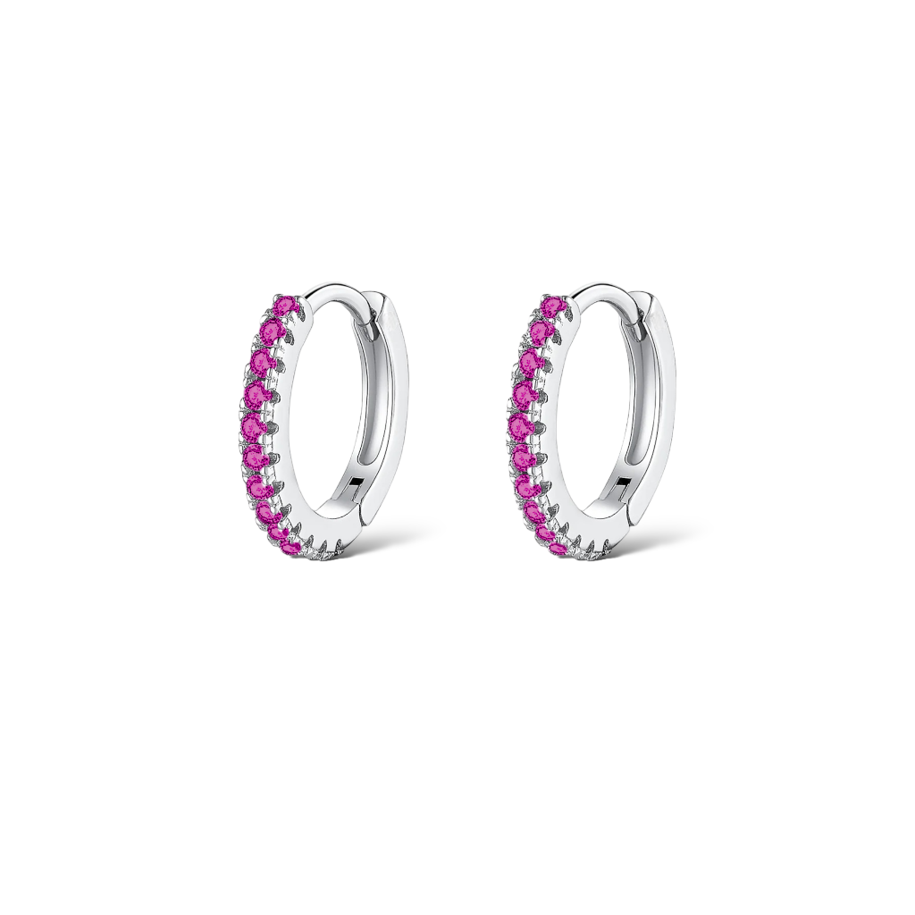 ORECCHINI HOOP CON ZIRCONI FUCSIA PLACCATI RODIO