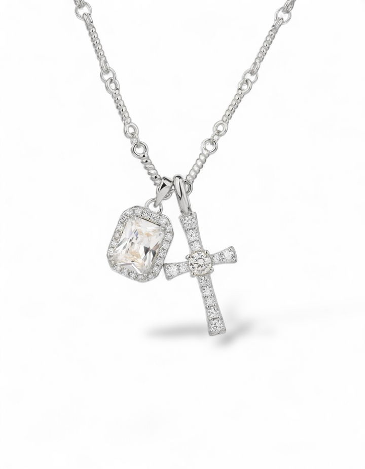 COLLANA CON CROCE E ZIRCONE RETTANGOLARE