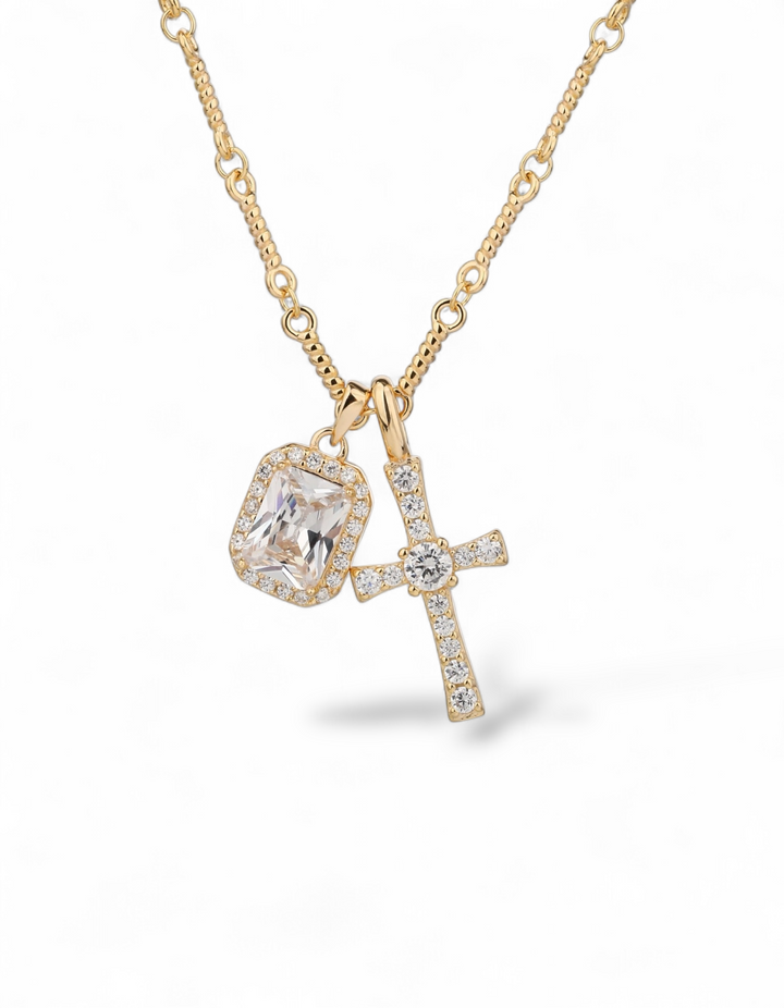 COLLANA CON CROCE E ZIRCONE RETTANGOLARE