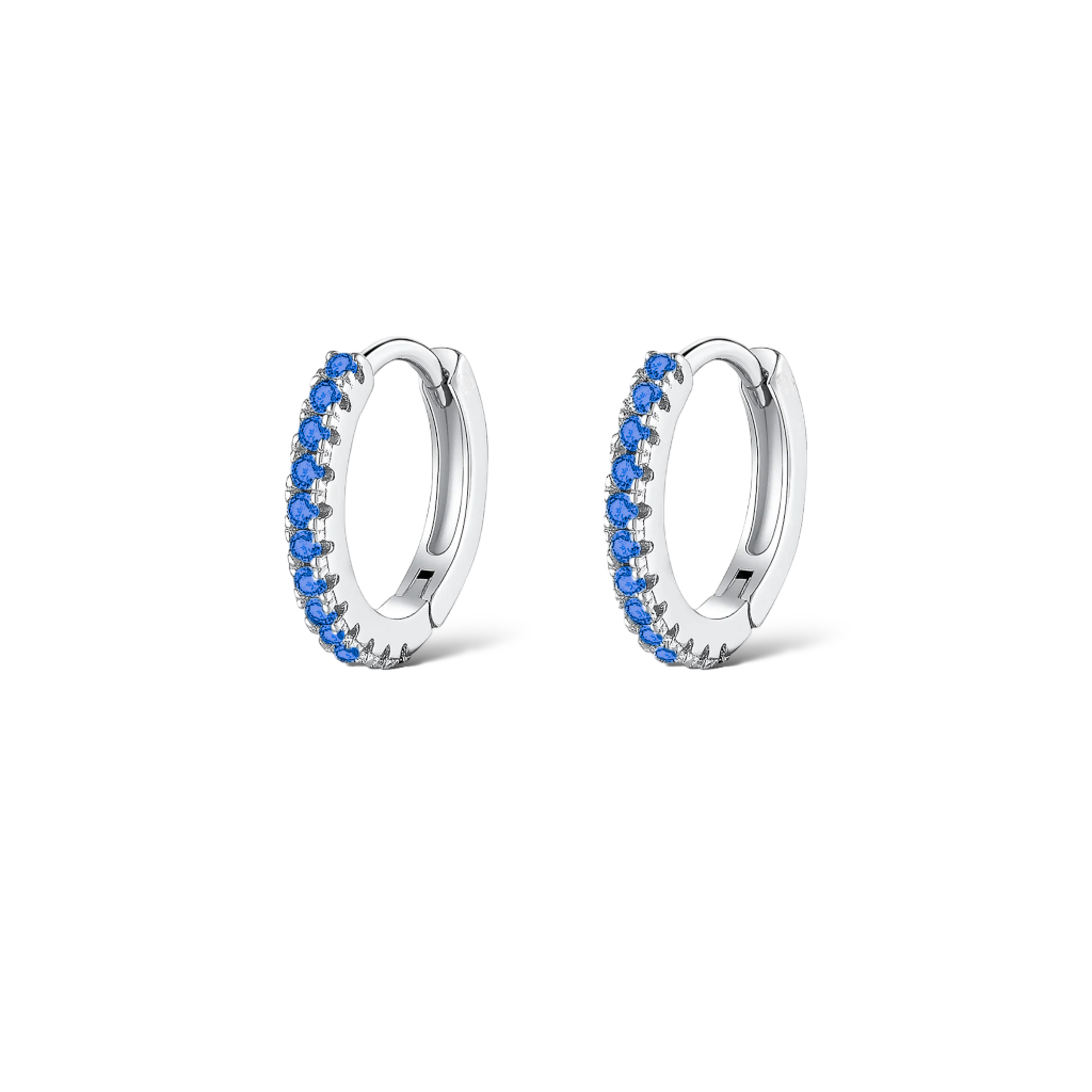 ORECCHINI HOOP CON ZIRCONI BLU PLACCATI RODIO