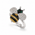 Anello ape regolabile in argento 925 con ali di zirconi bianchi, corpo nero e dorato, occhi verdi e design tridimensionale