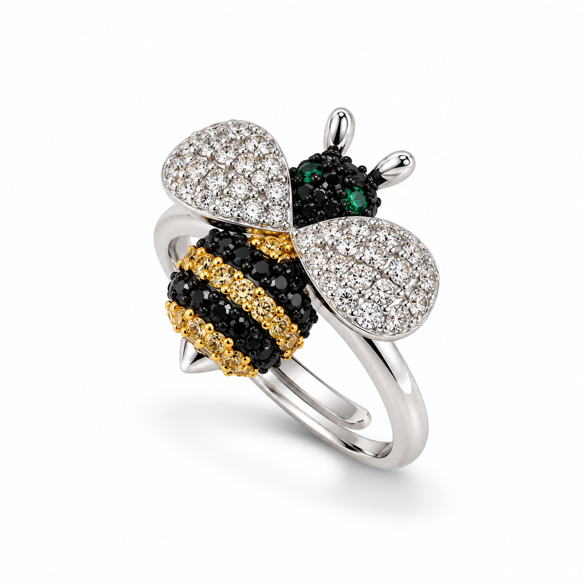 Anello ape regolabile in argento 925 con ali di zirconi bianchi, corpo nero e dorato, occhi verdi e design tridimensionale