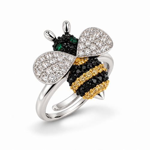 Vista laterale dell'anello ape in argento 925 con gambo regolabile, ali pavé e corpo decorato con zirconi multicolore