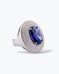 Anello a cupola in argento 925 con cristallo centrale ovale blu zaffiro e fitto micro-pavé di zirconi - Di Luce Bijoux