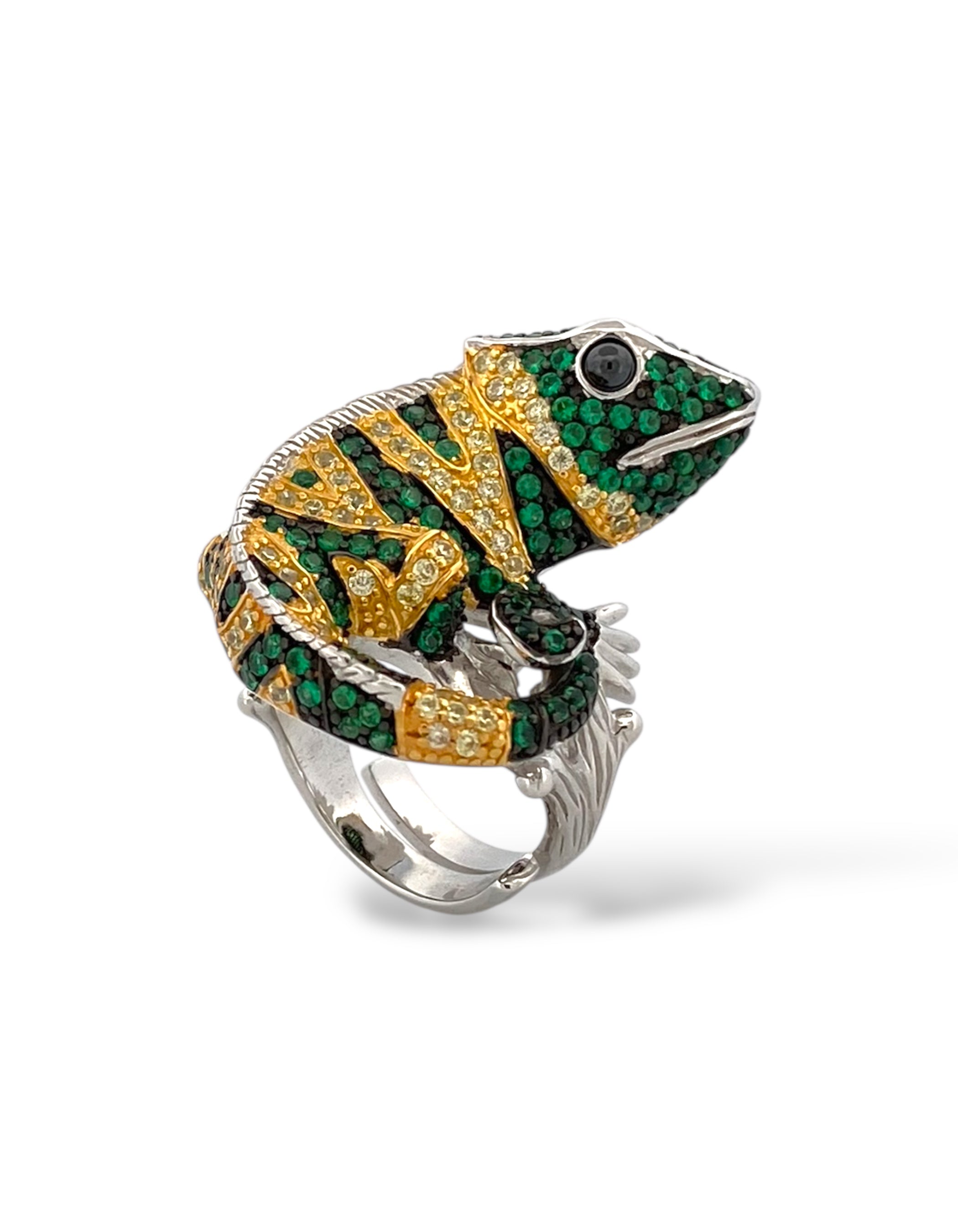 ANELLO CAMALEONTE IN ARGENTO 925 E ORO CON PAVÉ DI ZIRCONI MULTICOLOR