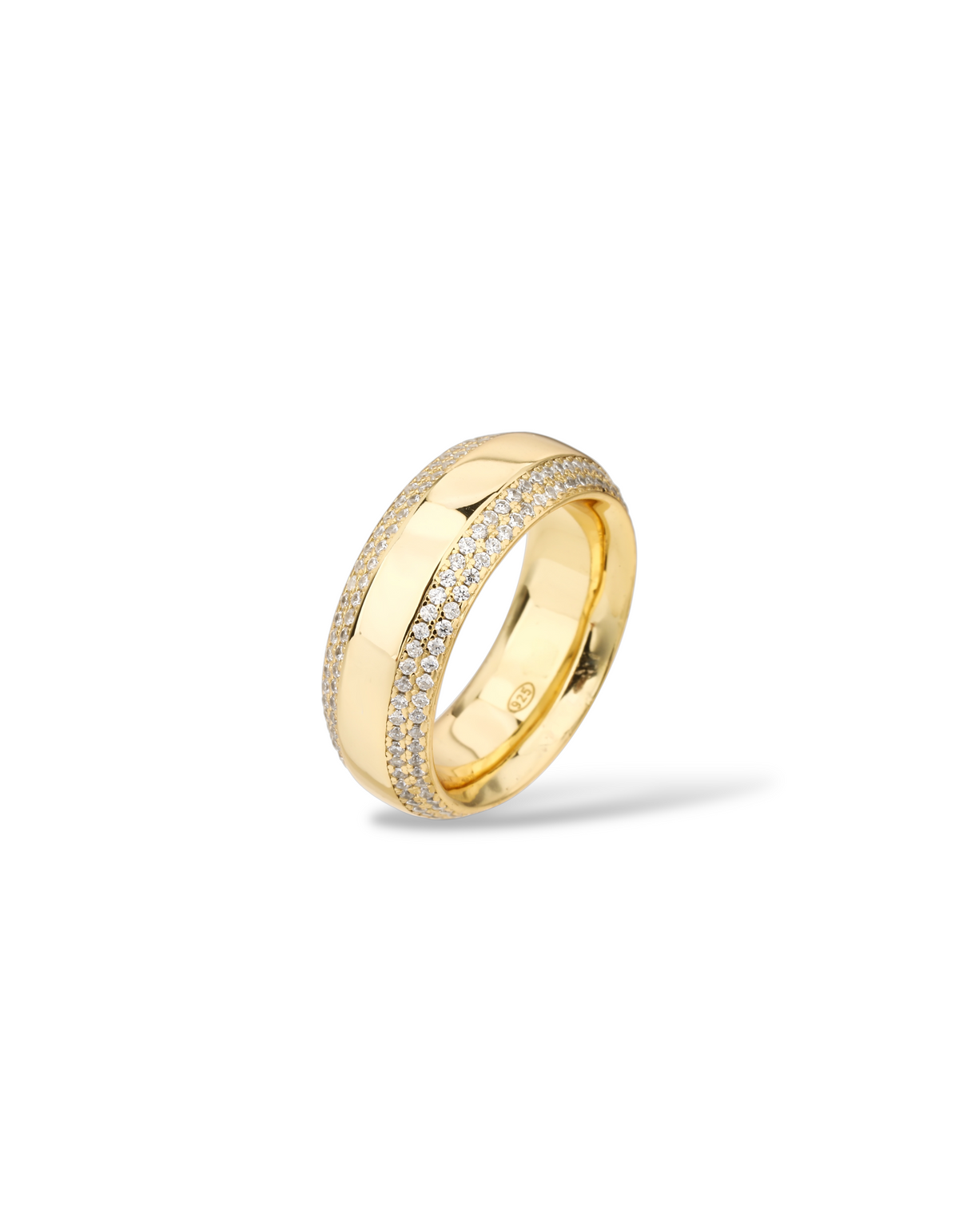 Anello a fascia bombata in argento 925 placcato oro con doppia fila laterale di zirconi - Di Luce Bijoux