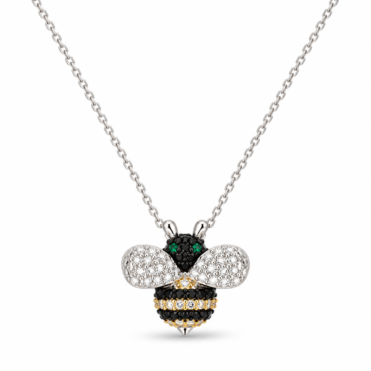 Collana ape in argento 925 con ciondolo pavé di zirconi bianchi, neri e verdi, dettagli dorati e catena regolabile 40+5 cm