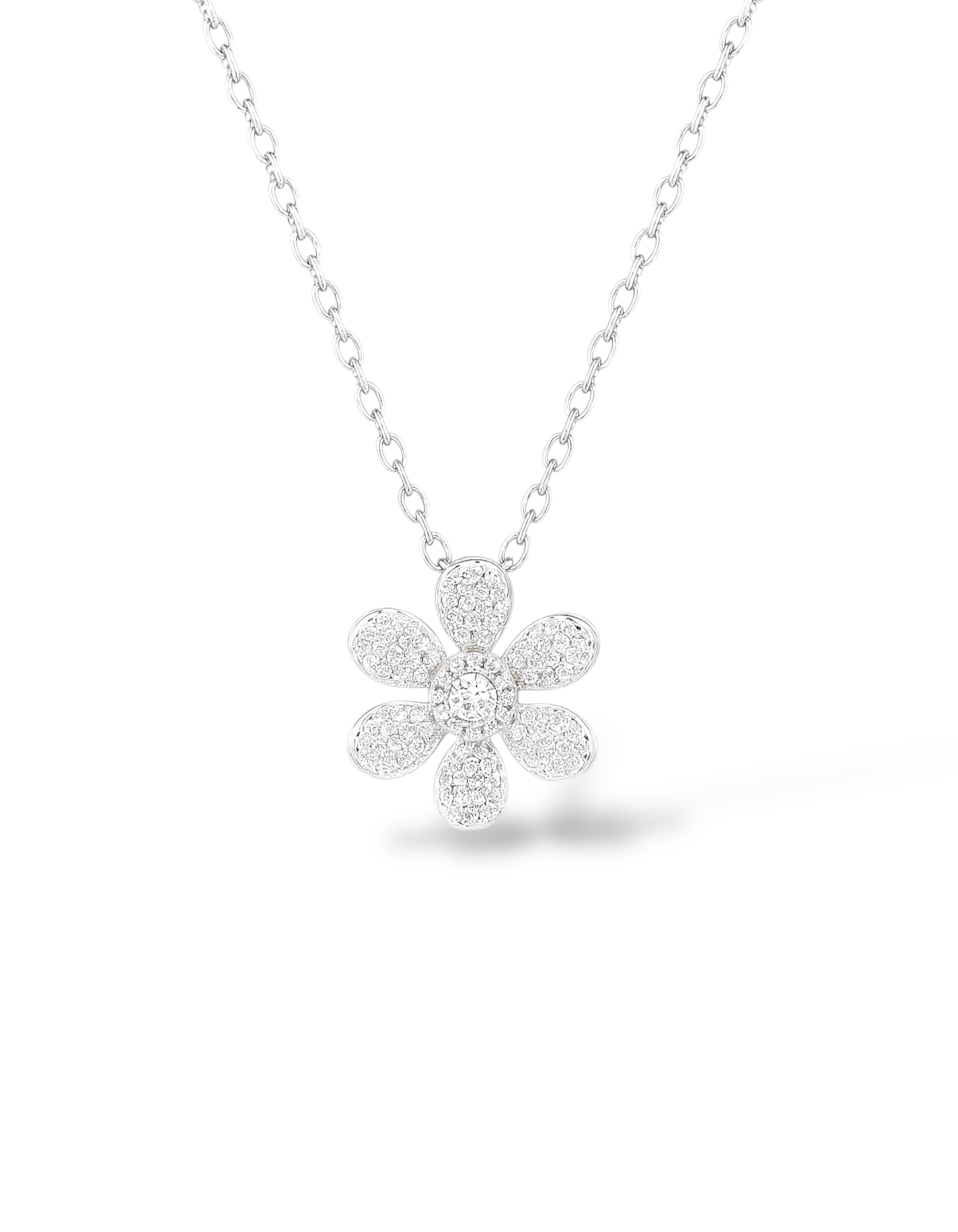 Collana in argento 925 rodiato con ciondolo a forma di fiore a sei petali tempestato da micro pavé di zirconi bianchi - Di Luce Bijoux