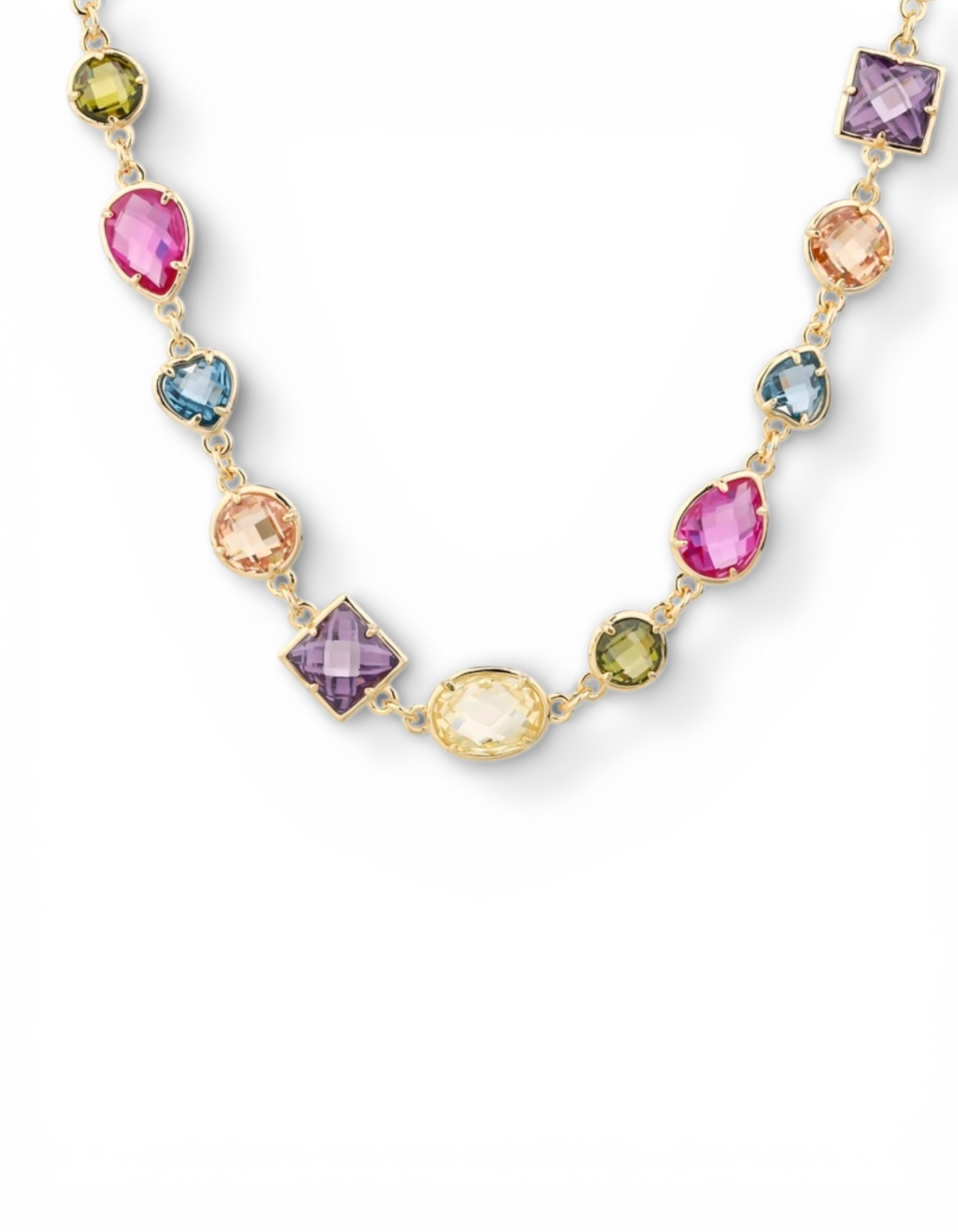 Collana girocollo multicolor in argento 925 placcato oro giallo con pietre geometriche sfaccettate nei toni del rosa, viola, azzurro e giallo Di Luce bijoux