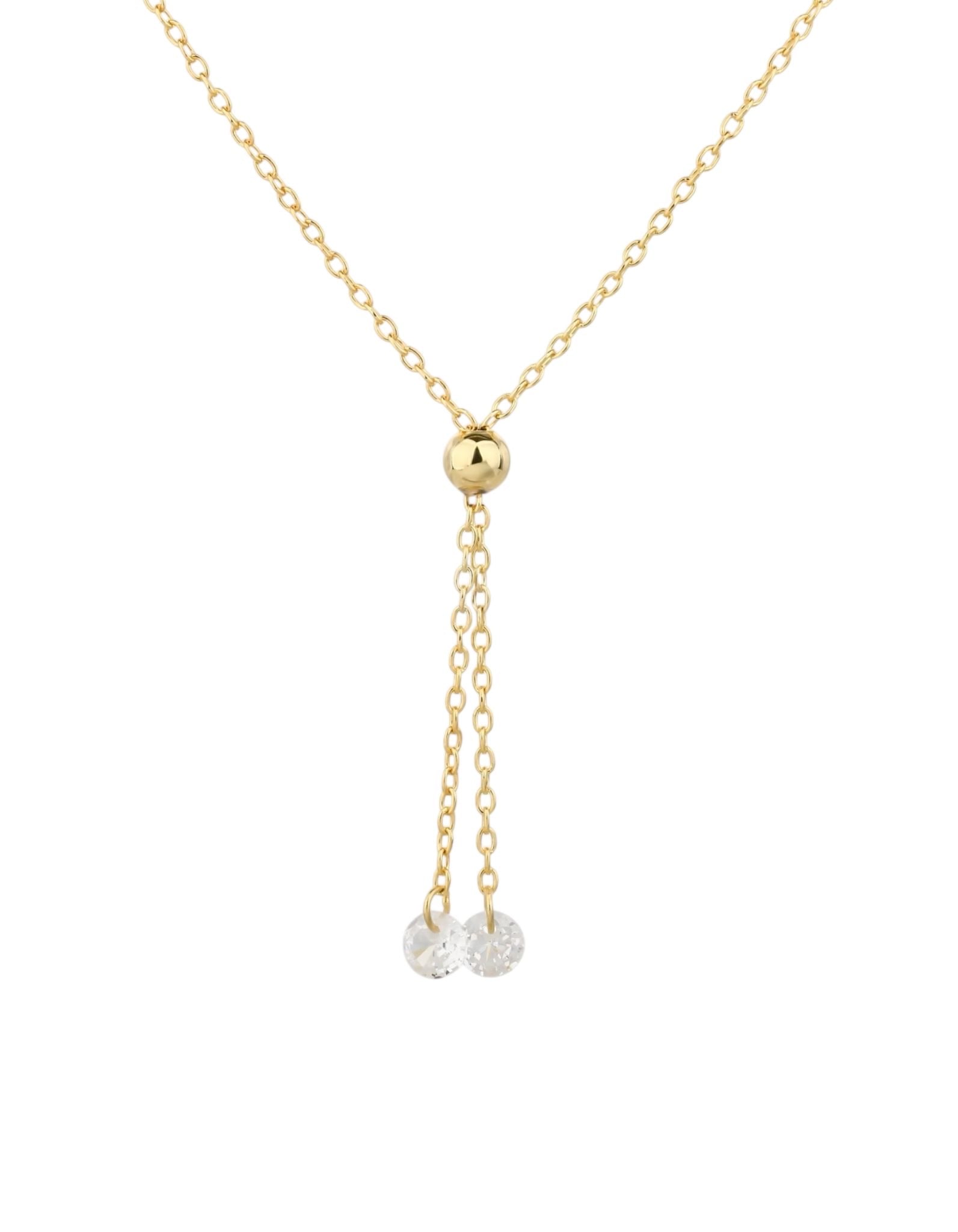 Collana saliscendi a Y in argento placcato oro bianco con cursore a sfera centrale e due catenelle pendenti con punti luce in zircone, su sfondo bianco.