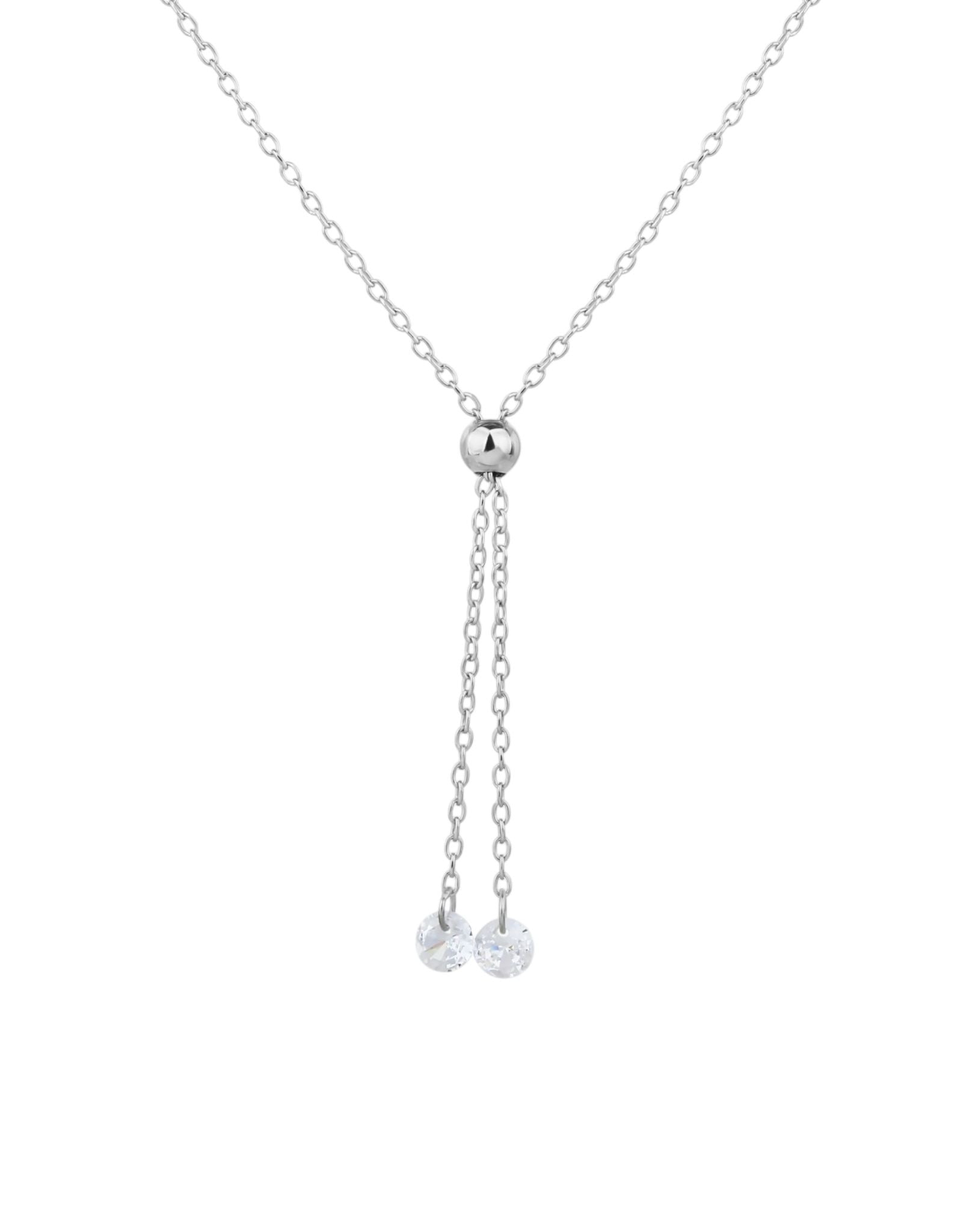 Collana saliscendi a Y in argento placcato oro bianco con cursore a sfera centrale e due catenelle pendenti con punti luce in zircone, su sfondo bianco.