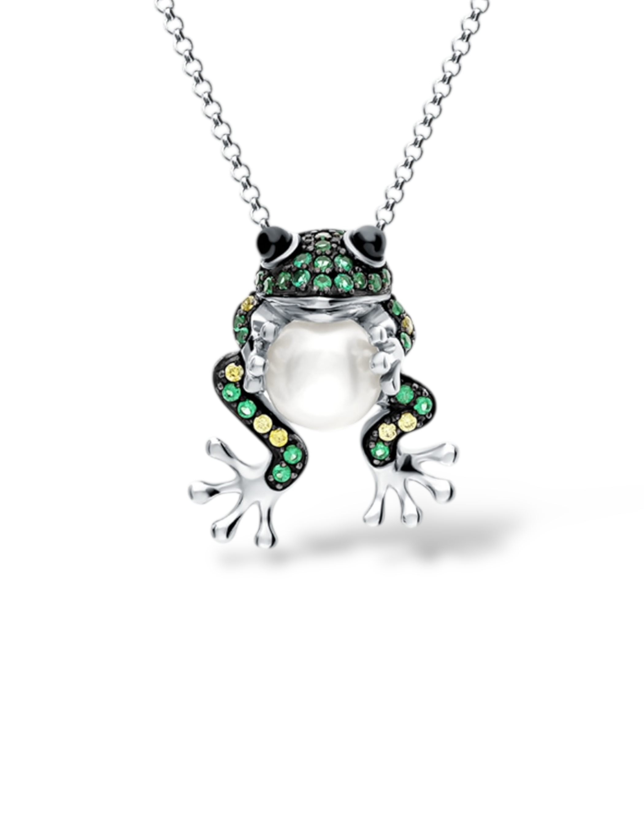 COLLANA RANA IN ARGENTO 925 CON PERLA NATURALE E PAVÉ DI ZIRCONI VERDI