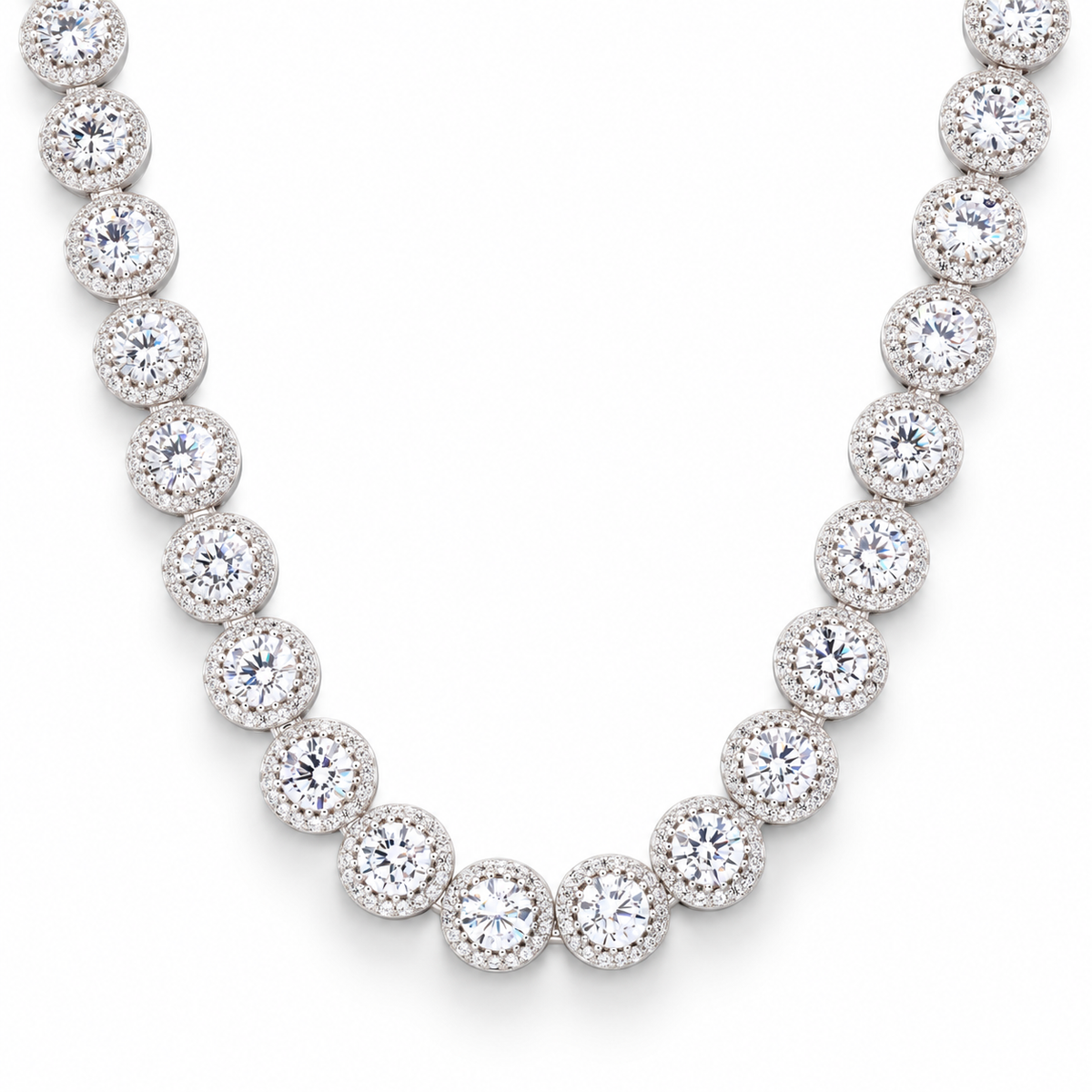 Collana rivière in argento 925 con elementi rotondi, zirconi bianchi centrali e cornice pavé effetto halo
