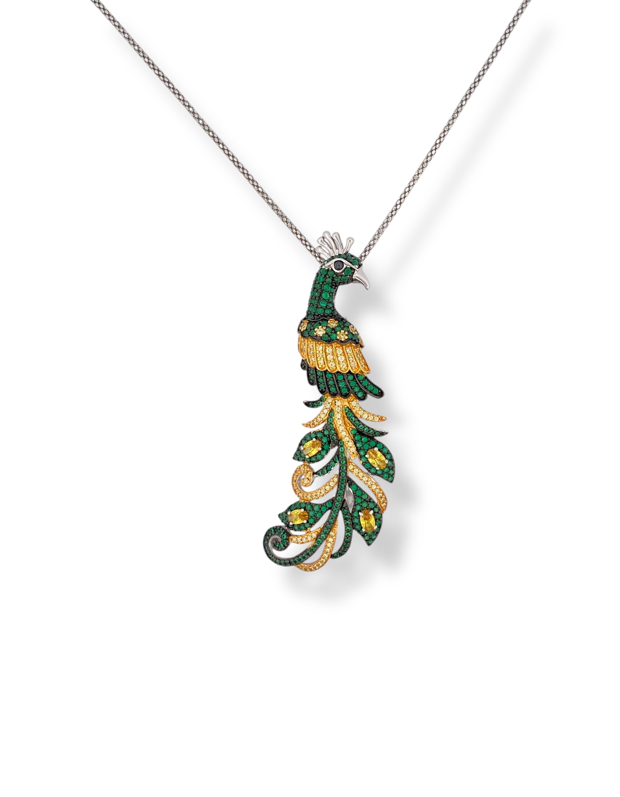 COLLANA SPILLA PAVONE IN ARGENTO 925 E ORO CON PAVÉ DI Zirconi VERDI E GIALLI