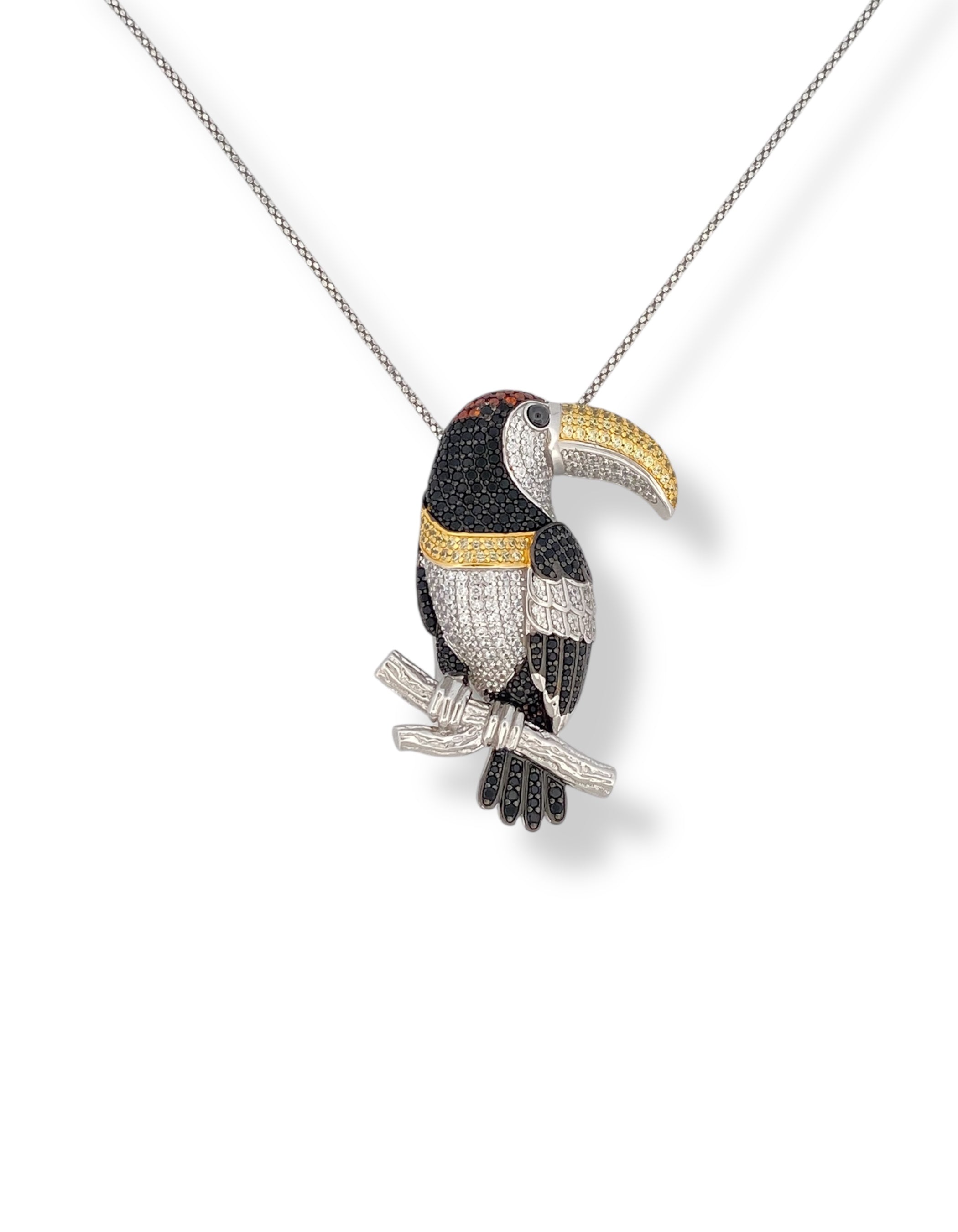 COLLANA SPILLA TUCANO IN ARGENTO 925 E ORO CON PAVÉ DI ZIRCONI MULTICOLOR