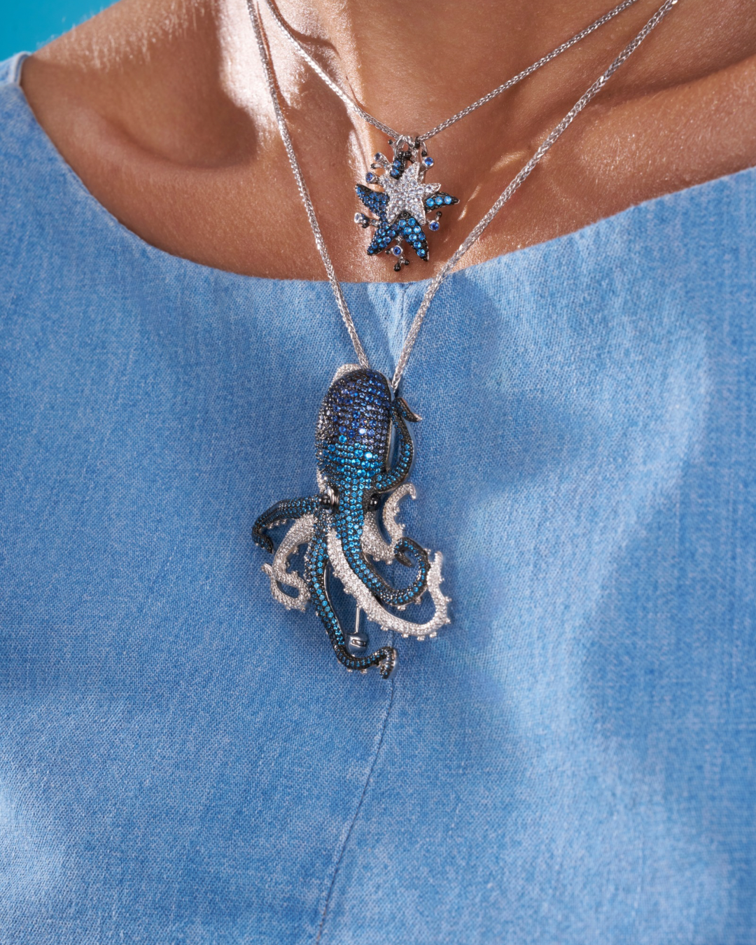 COLLANA STELLE MARINE IN ARGENTO 925 CON PAVÉ DI ZIRCONI BLU E BIANCHI