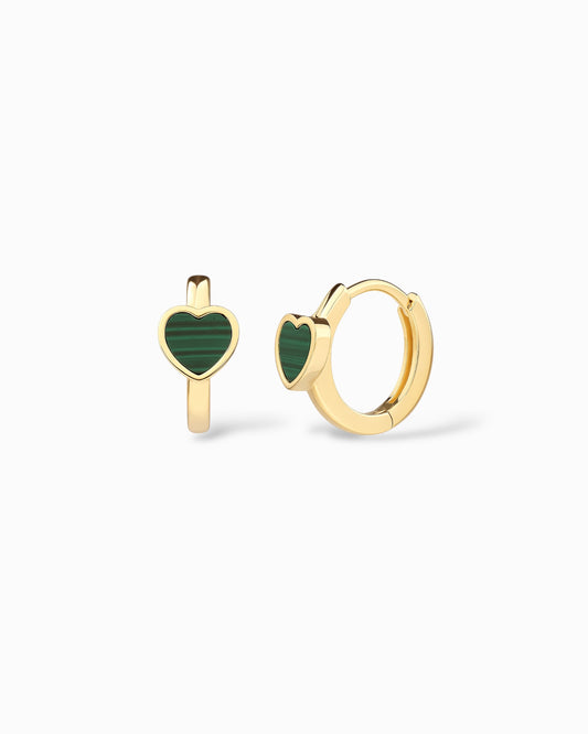 Orecchini a Scattino in Argento 925 Dorato con Cuore di Malachite Naturale
