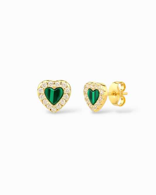 Orecchini Cuore in Argento 925 Dorato con Malachite Naturale e Pavé di Zirconi