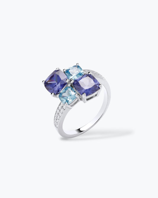 ANELLO CON TAGLIO A CUSCINO AQUAMARINA E TANZANITE