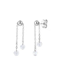Coppia di orecchini a perno in argento 925 rodiato con doppia catenella pendente asimmetrica e punti luce finali in zircone bianco, su sfondo bianco.