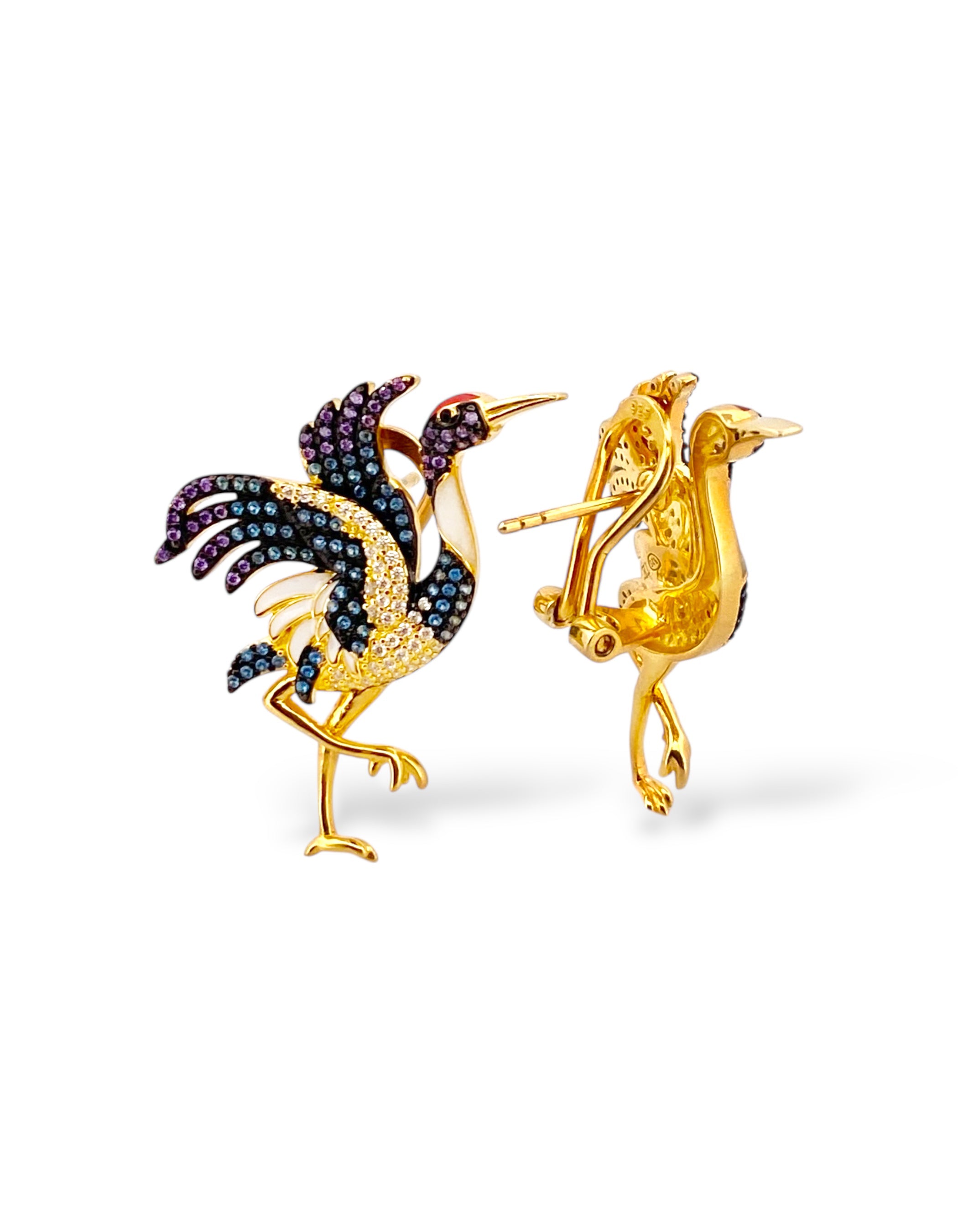 ORECCHINI AIRONE GRU IN ARGENTO 925 PLACCATO ORO CON PAVÉ DI ZIRCONI MULTICOLOR