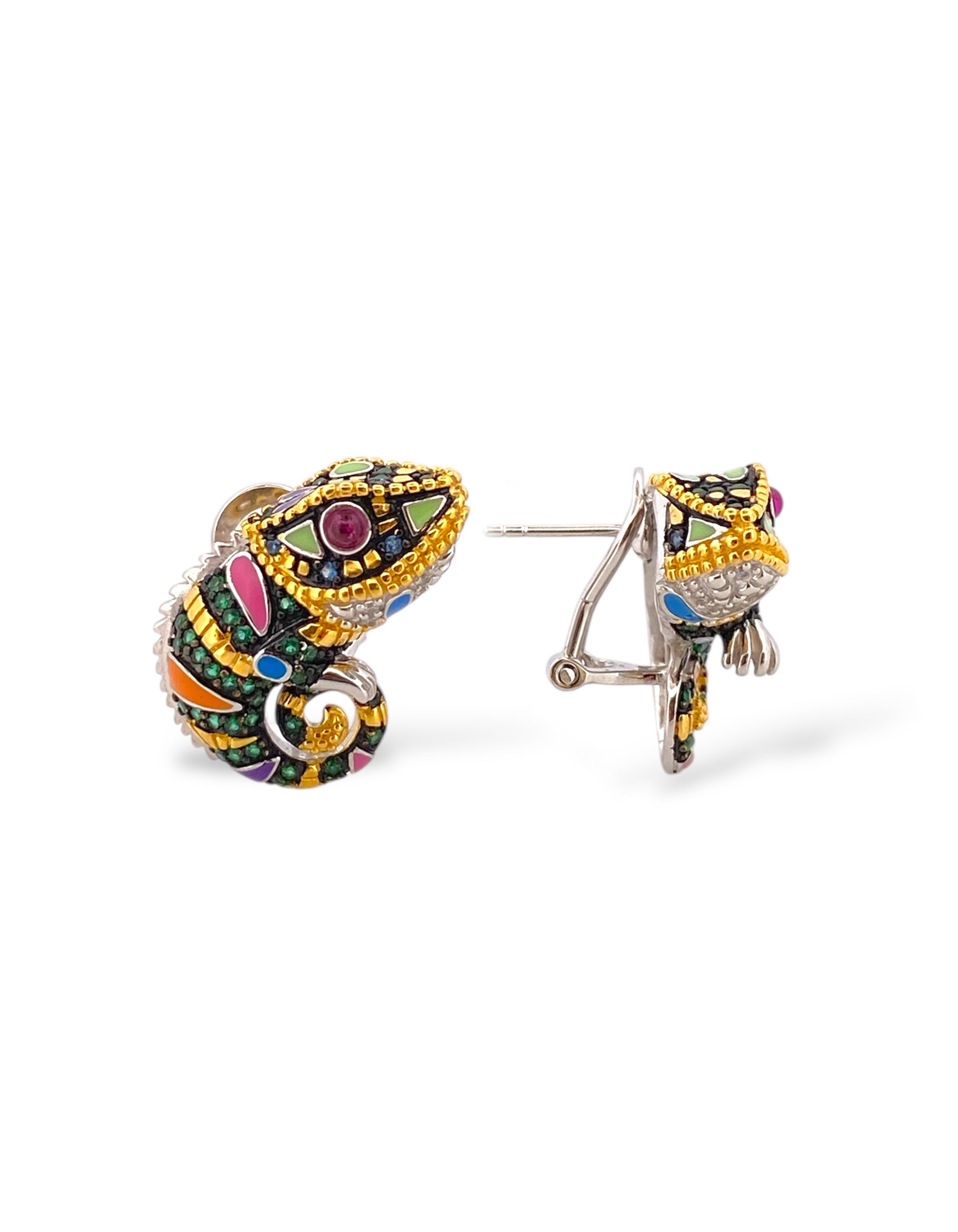 ORECCHINI CAMALEONTE IN ARGENTO 925 E ORO CON PAVÉ DI ZIRCONI MULTICOLOR E SMALTO