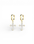 Orecchini a cerchietto in argento 925 placcato oro con ciondolo a croce geometrica in zirconi Di Luce Bijoux.