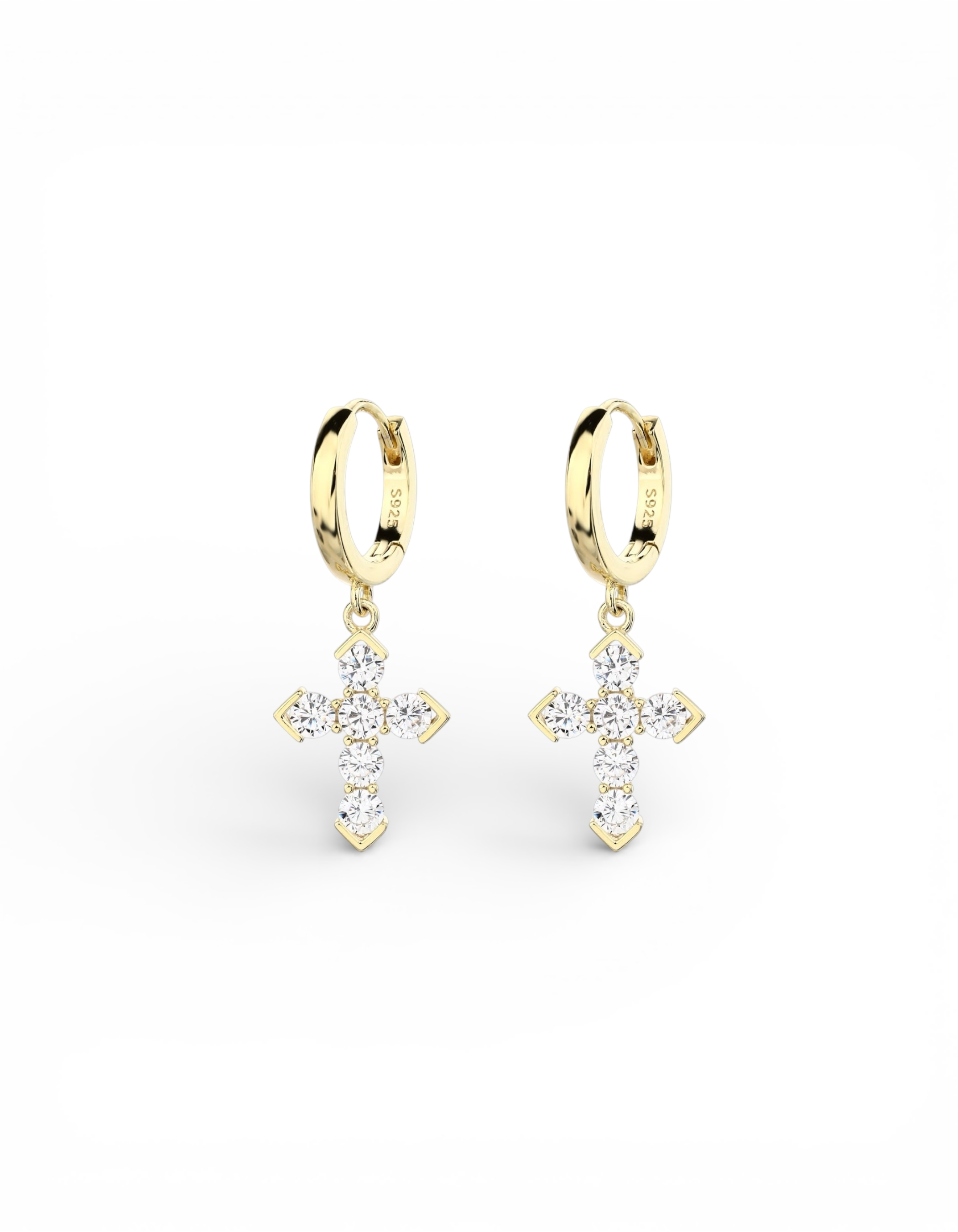 Orecchini a cerchietto in argento 925 placcato oro con ciondolo a croce geometrica in zirconi Di Luce Bijoux.