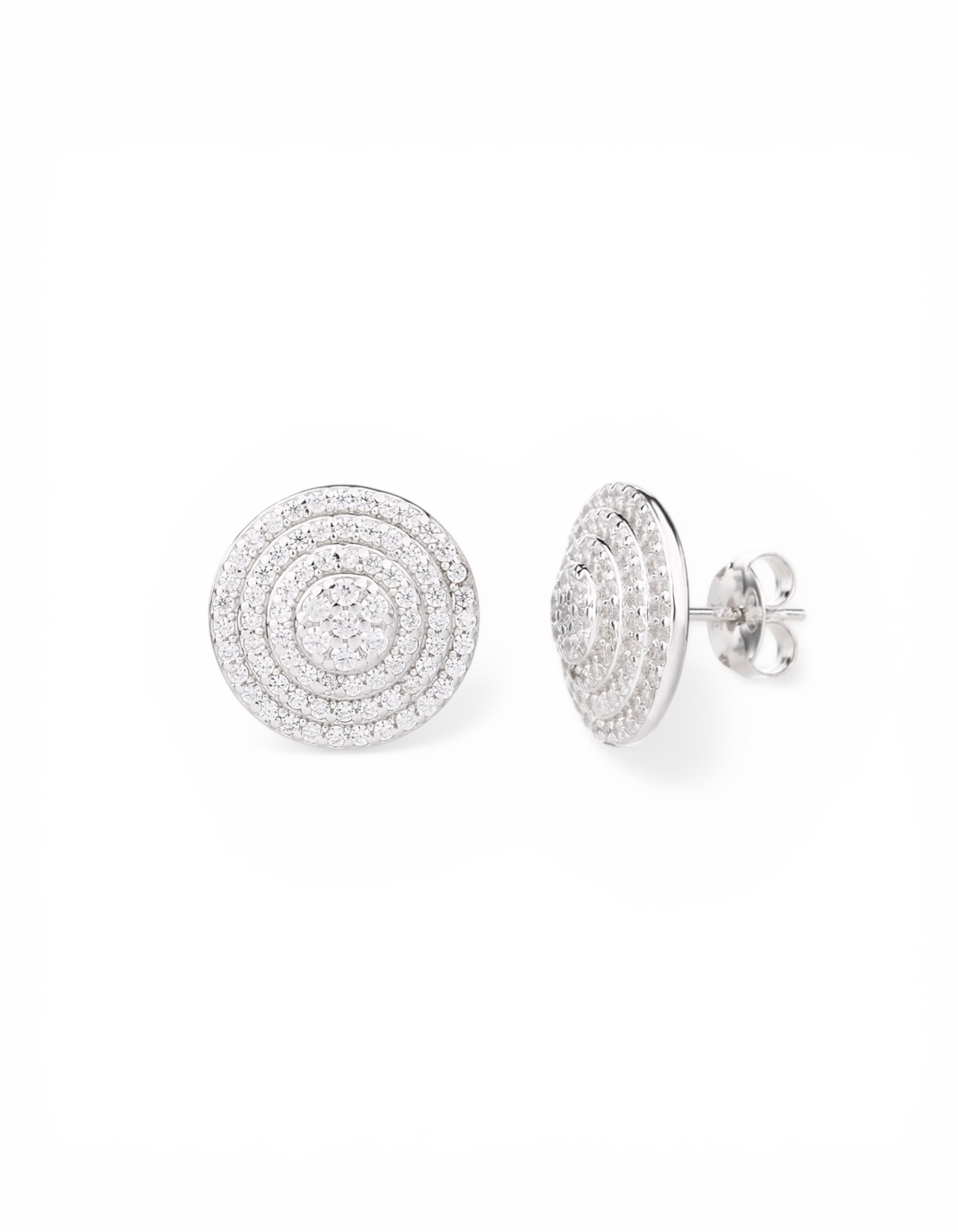 Orecchini a lobo circolari a bottone con pavè di zirconi concentrici in argento 925 rodiato Di Luce Bijoux