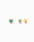 Orecchini a lobo a forma di cuore in pietra turchese con contorno di micro zirconi brillanti e montatura in argento 925 placcato oro giallo Di Luce Bijoux