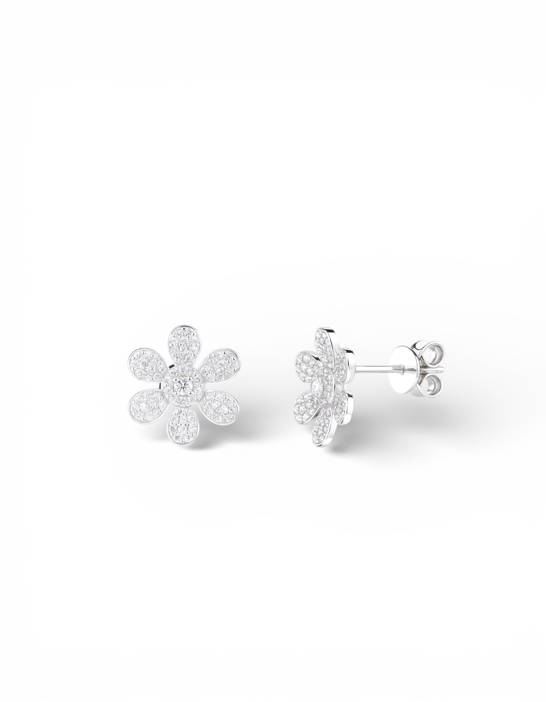 Orecchini a lobo a forma di fiore a sei petali in argento 925 rodiato ricoperti da micro pavé di zirconi - Di Luce Bijoux