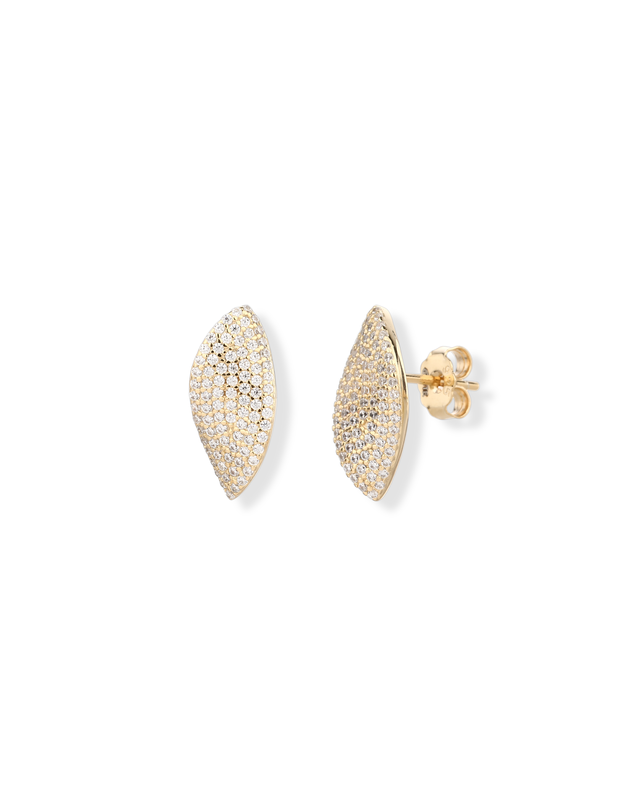 Orecchini a lobo a forma di foglia bombata in argento 925 placcato oro giallo interamente ricoperti da un pavé di micro zirconi brillanti Di Luce Bijoux