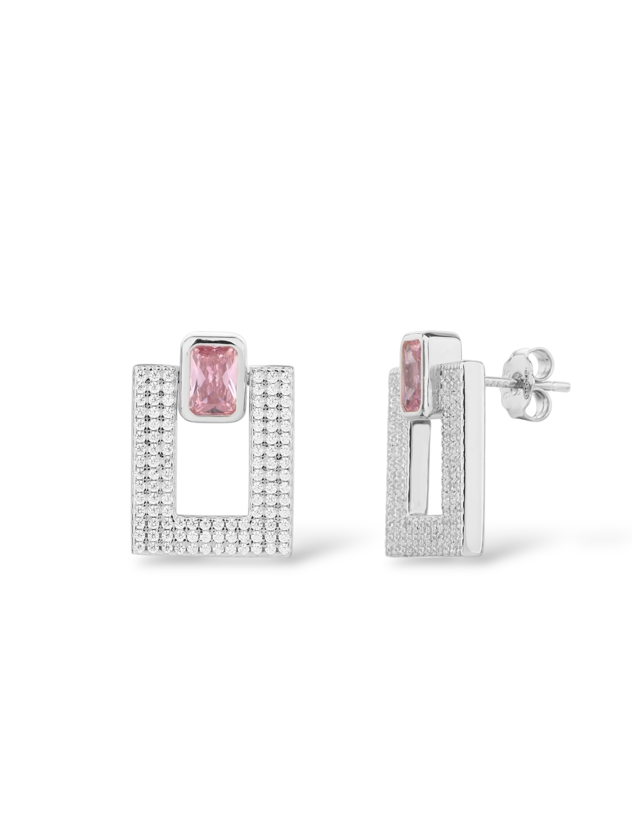 Orecchini a lobo geometrici con cornice rettangolare in pavè di zirconi e pietra centrale rosa in argento 925 rodiato Di Luce Bijoux.
