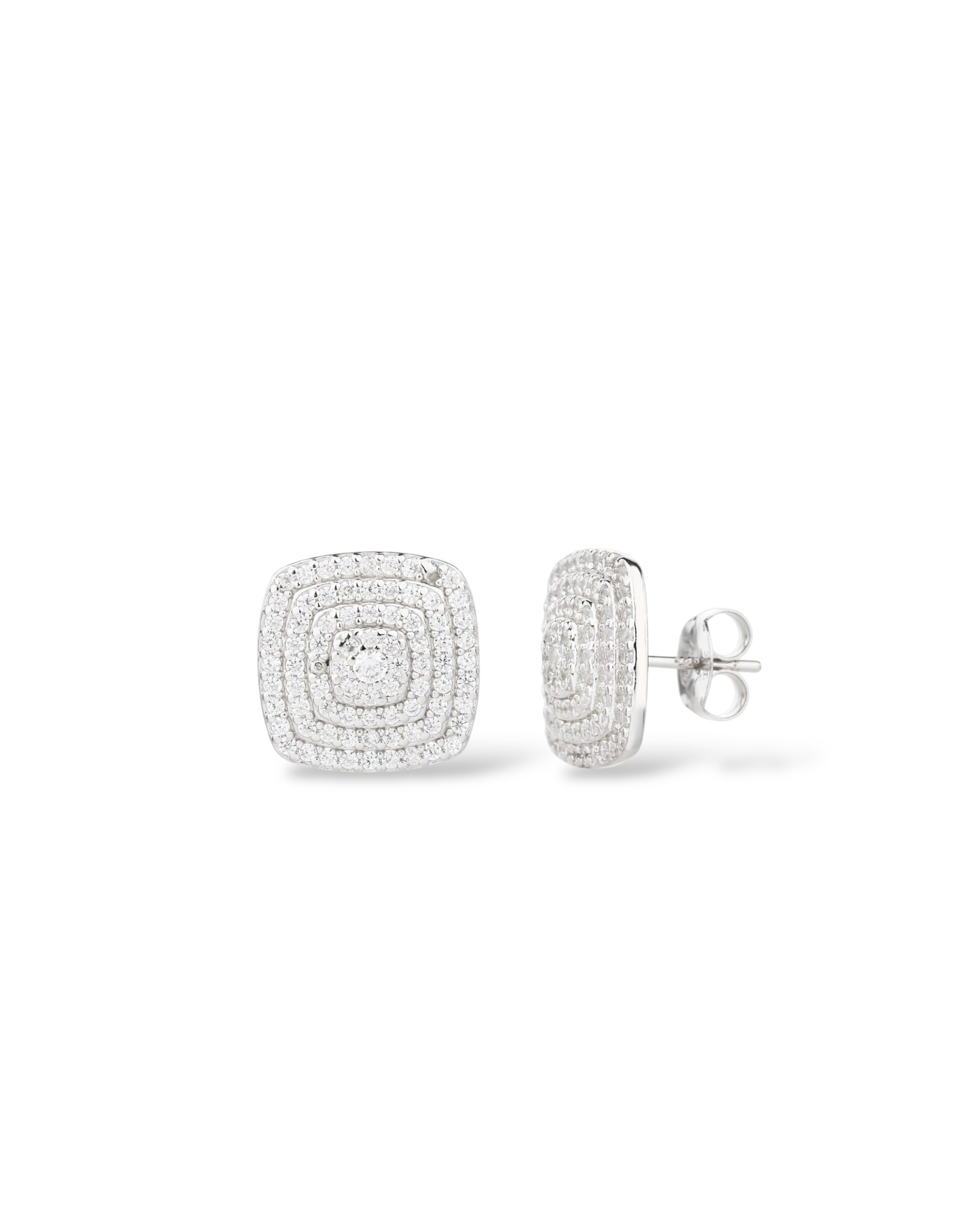 Orecchini a lobo quadrati a più livelli con cornici concentriche in pavè di zirconi in argento 925 rodiato Di Luce Bijoux.