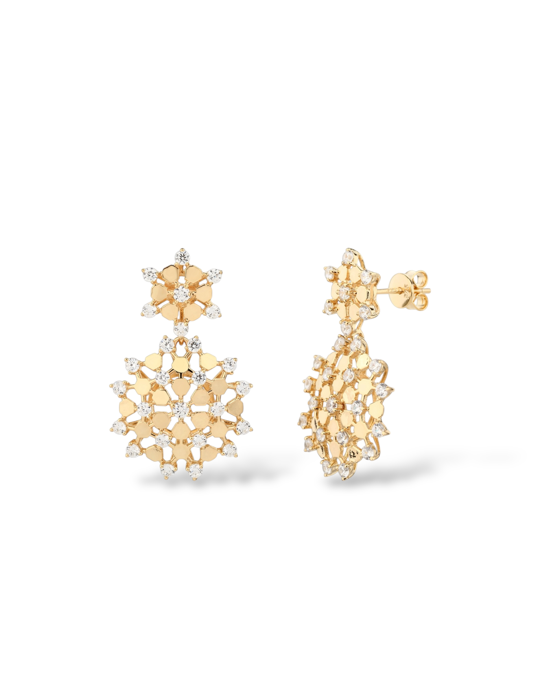 Orecchini pendenti a forma di fiocco di neve traforato in argento 925 placcato oro giallo con dettagli geometrici esagonali e zirconi lucenti Di Luce Bijoux