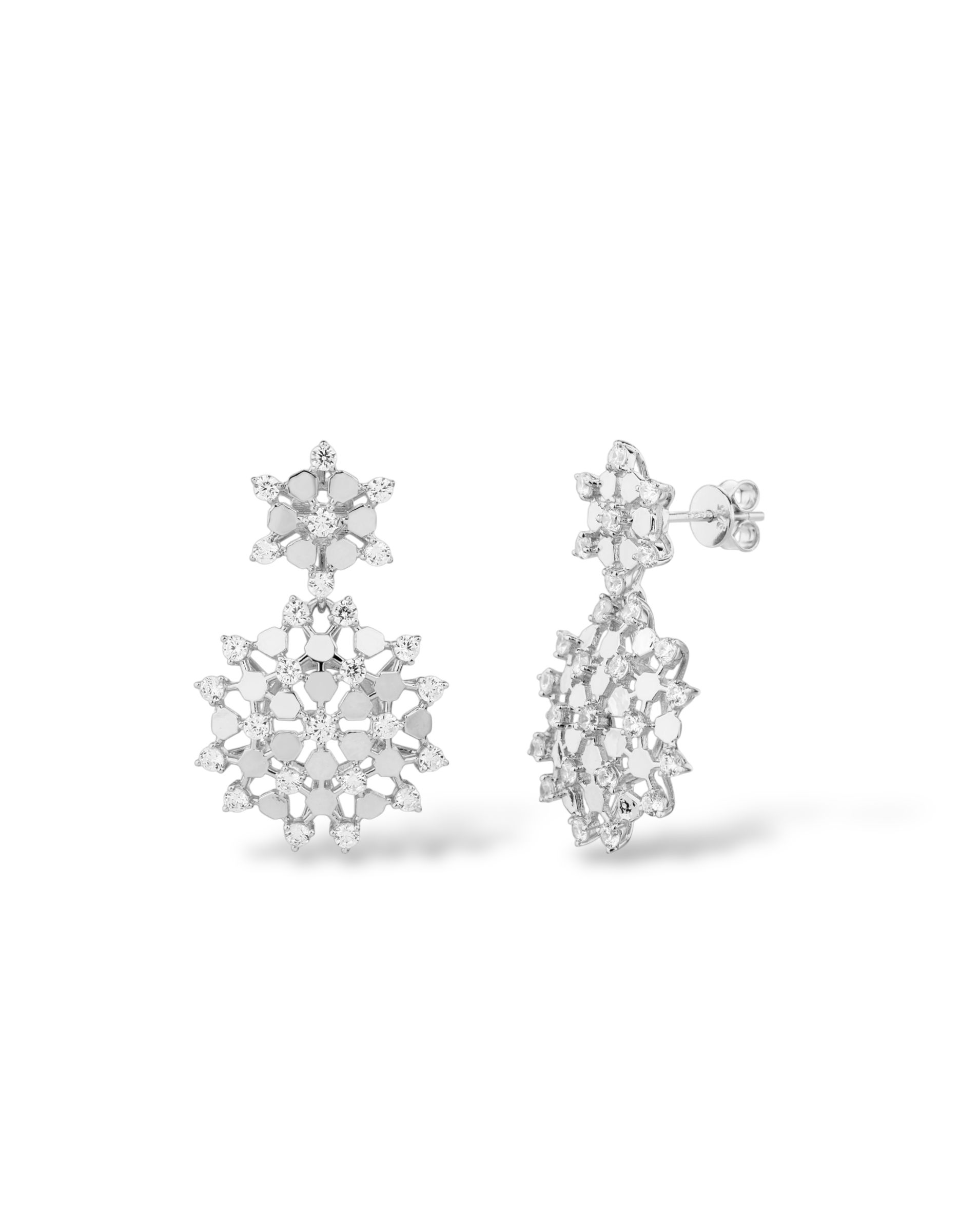 Orecchini pendenti a forma di fiocco di neve traforato in argento 925 placcato rodio con dettagli geometrici esagonali e zirconi lucenti Di Luce Bijoux