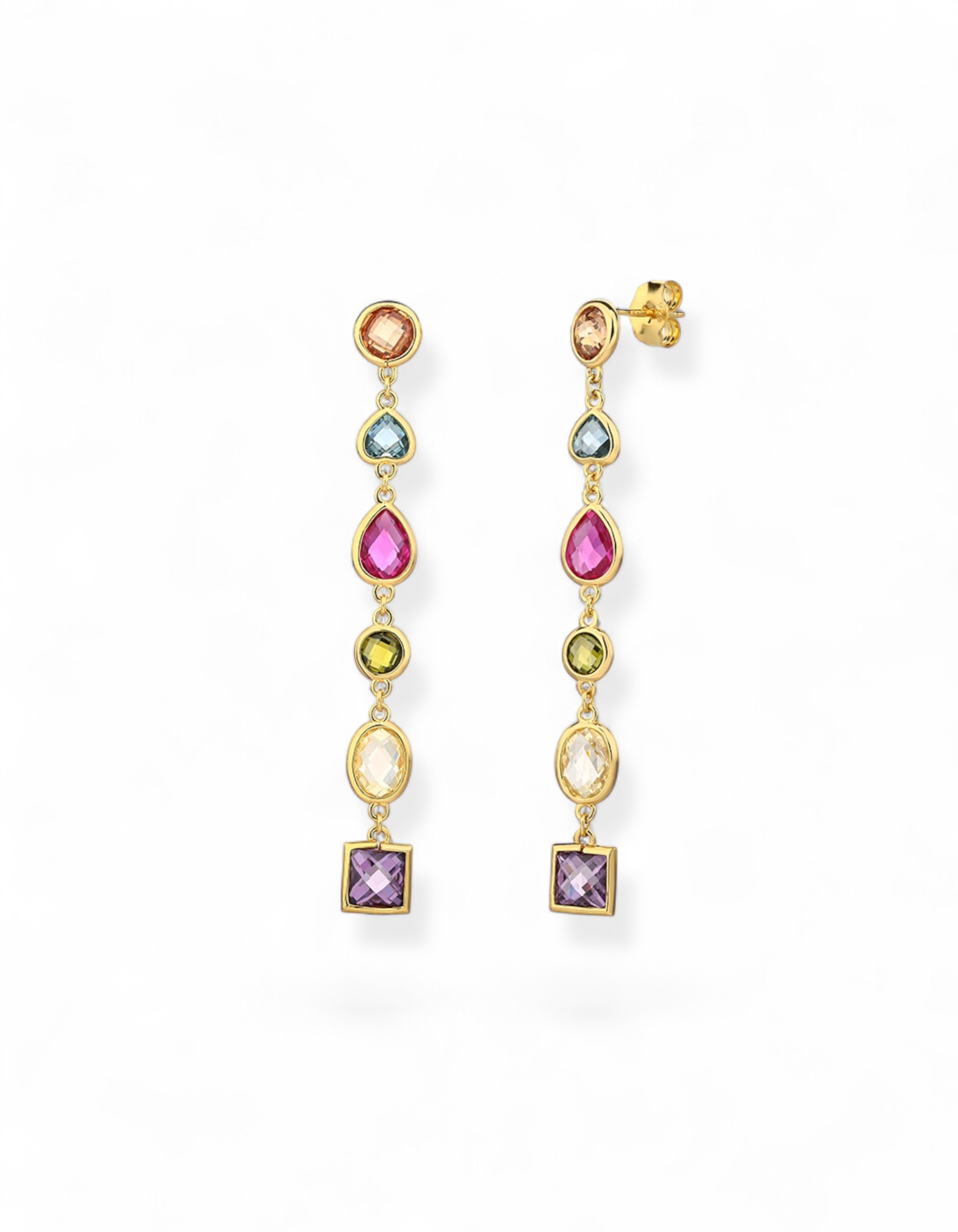 Orecchini pendenti a cascata in argento 925 placcato oro giallo con sei pietre geometriche sfaccettate multicolore viola, rosa, azzurro, verde e giallo Di Luce Bijoux