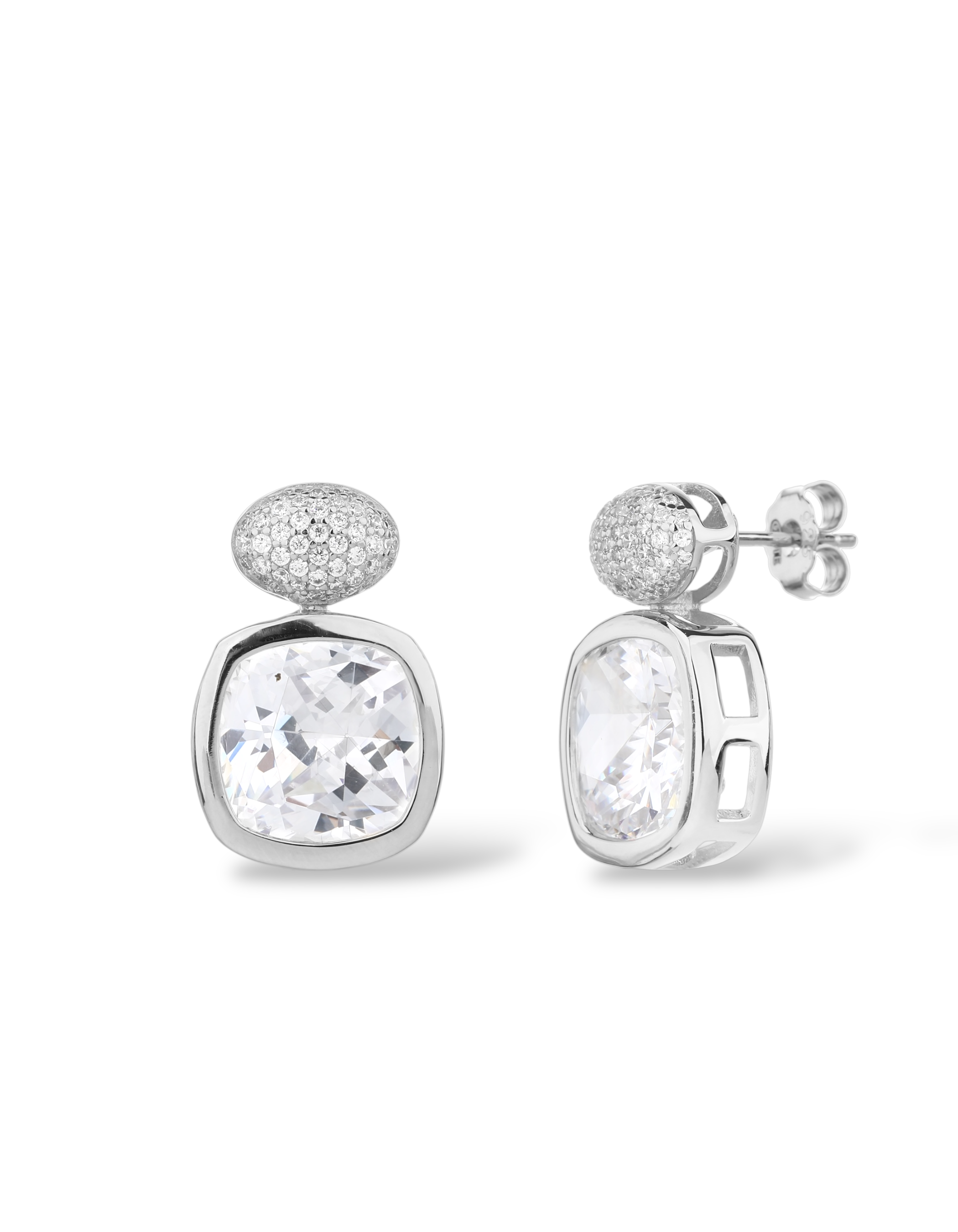 Orecchini pendenti in argento 925 rodiato con perno in pavè e grande zircone centrale quadrato taglio cushion Di Luce Bijoux.