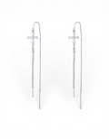 Orecchini passanti a filo modello sali e scendi in argento 925 rodiato con pendente a croce in zirconi taglio baguette e catenine sottili Di Luce Bijoux